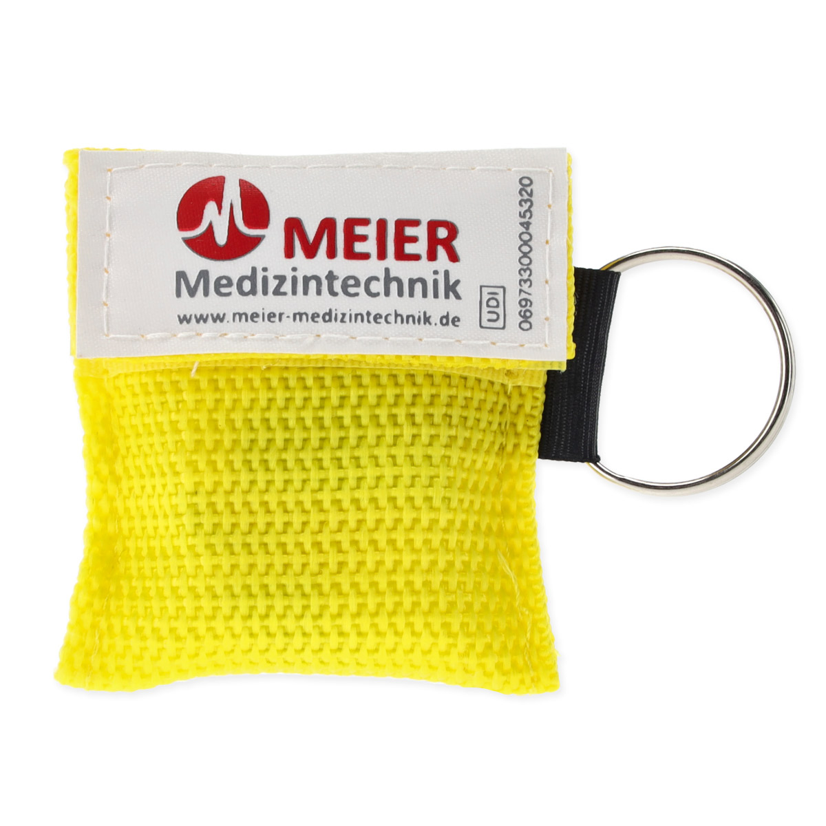 nextRESCUE® AirAid Shield Beatmungstuch mit Schlüsselanhänger | Farbe: Gelb | mit Logo: "Meier Medizintechnik"