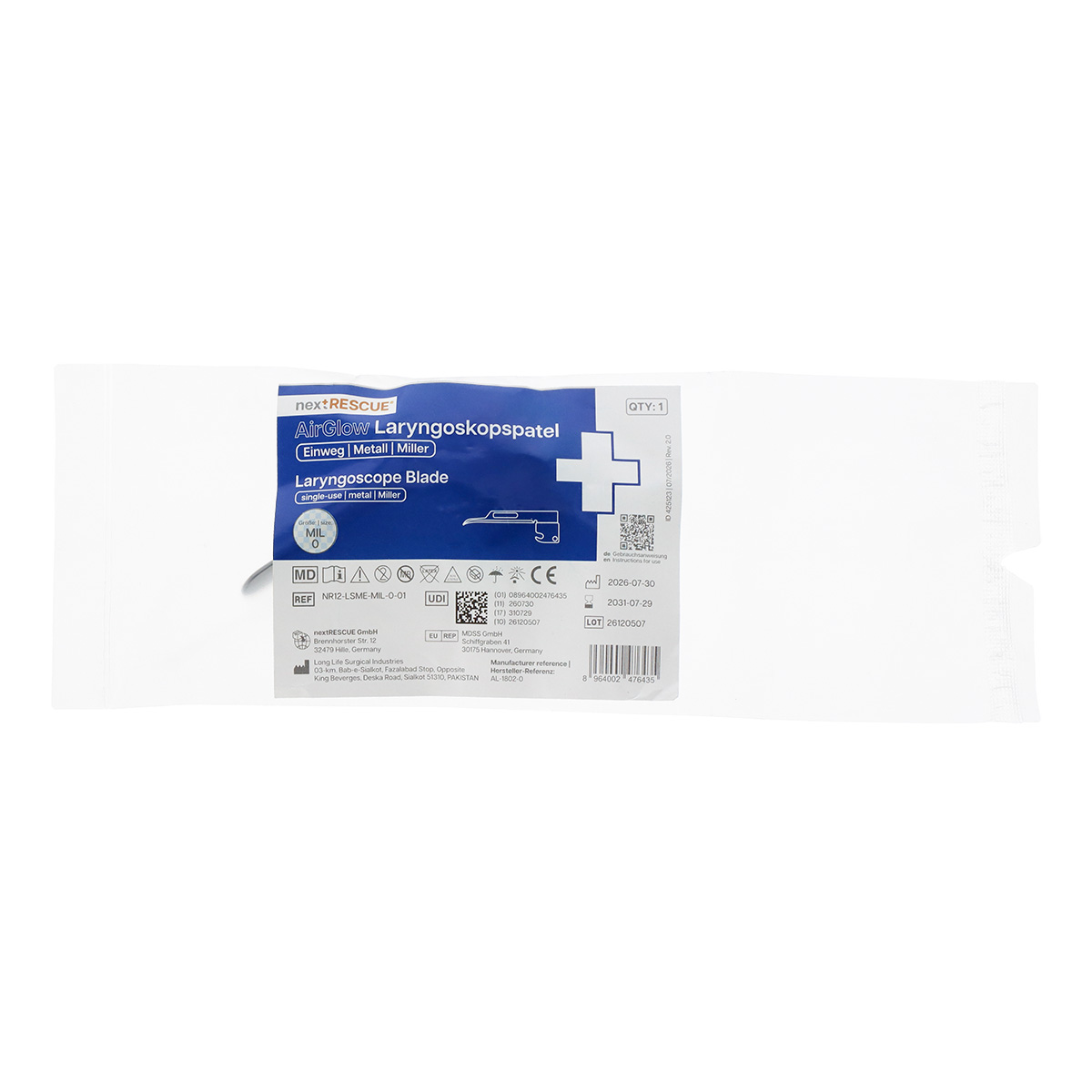 nextRESCUE® AirGlow Laryngoskop Spatel F.O. Semi Metall | Einweg | Miller | Größe 0