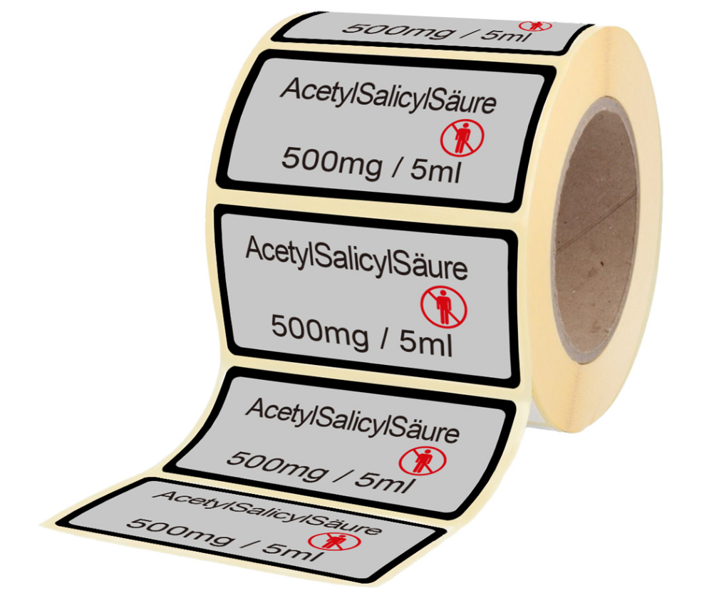 Übungsmedikamente® Acetylsalycylsäure 500 mg / 5 ml - Etikett für Stechampulle 100 Etiketten