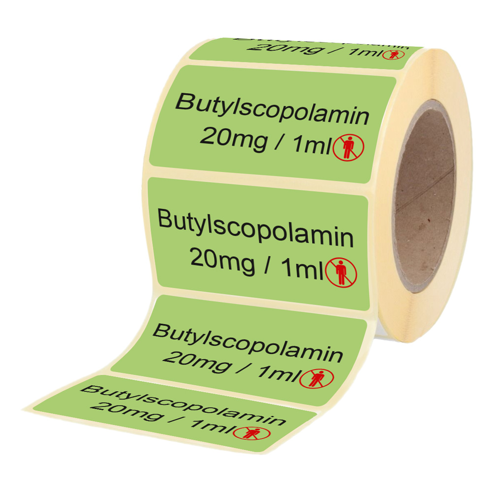 Übungsmedikamente® Butylscopolamin 20 mg / 1 ml - Etiketten für Brechampullen 100 Etiketten