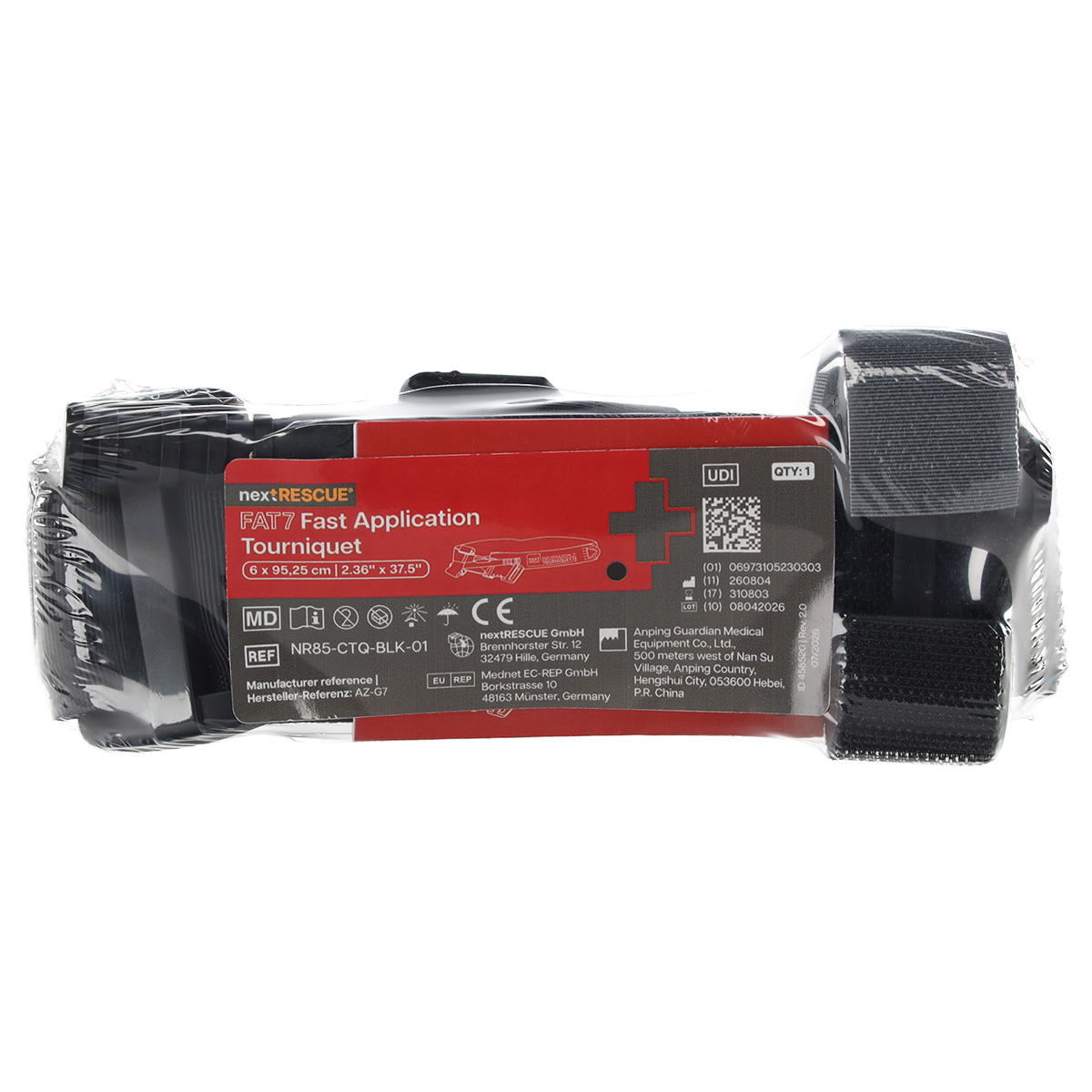 nextRESCUE FAT7 schwarzes taktisches Tourniquet in Original-Kunststoffverpackung für die medizinische Notfallblutungskontrolle bei Traumata.