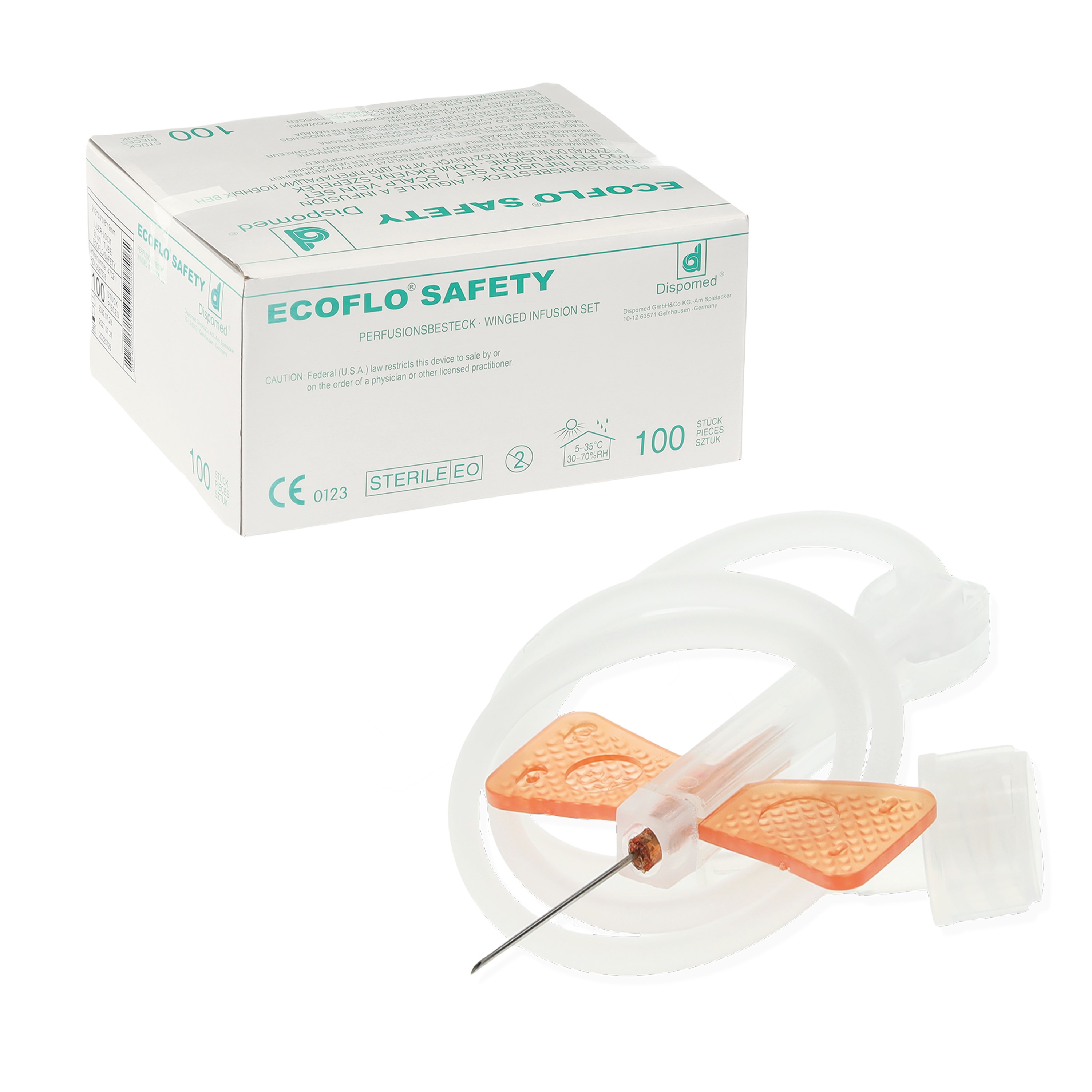 Dispomed® ECOFLO® safety Flügelkanüle 25G / 0,5 x 19 mm | Farbe: Orange | Packung á 1 Stück