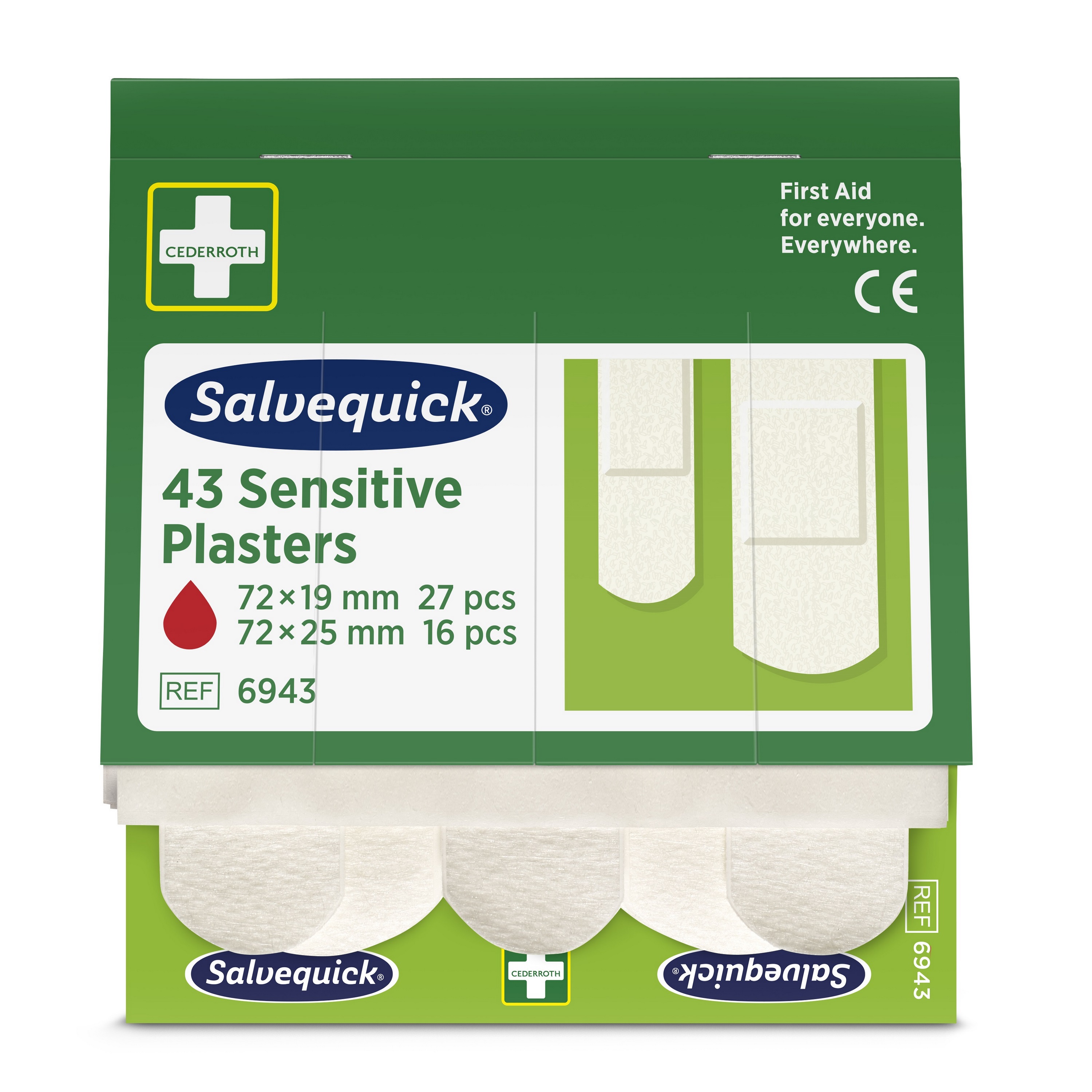 Grüne Cederroth Salvequick Sensitive Pflaster-Nachfüllbox mit 43 verschiedenen Pflastern für Erste-Hilfe-Sets.