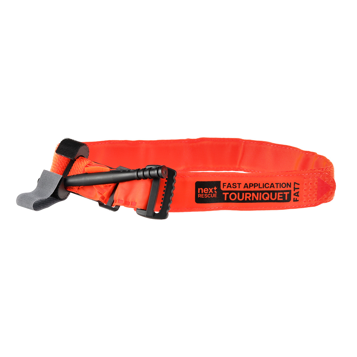 Leuchtend orangefarbenes Next Rescue Fast Application Tourniquet FAT7 mit schwarzer Ankerwinde zur Notfall-Blutstillung.