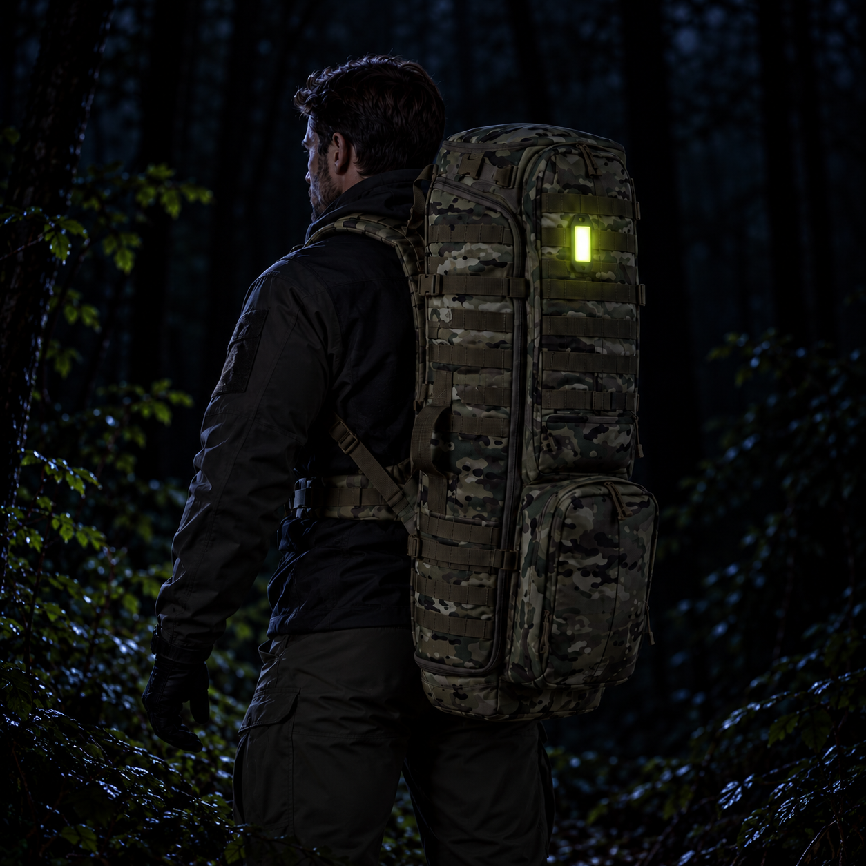 Taktischer Bediener in einem dunklen Wald, der einen Tarnrucksack mit einer leuchtenden, gut sichtbaren Notlichtmarkierung trägt.